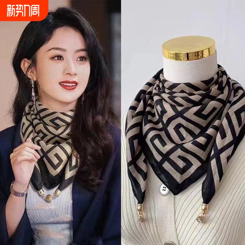 磁吸三角护颈小围巾女秋冬季2024新款棉麻丝巾高级感脖子方巾围脖