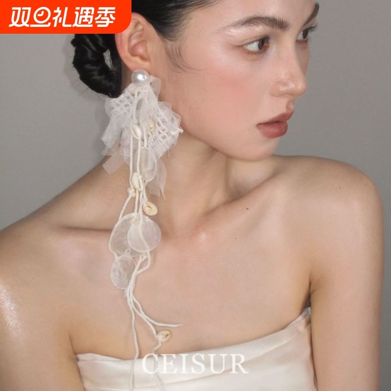 贝曳风吟~超仙感白色仿贝壳串珠耳环长款小众新娘婚纱耳饰女法式