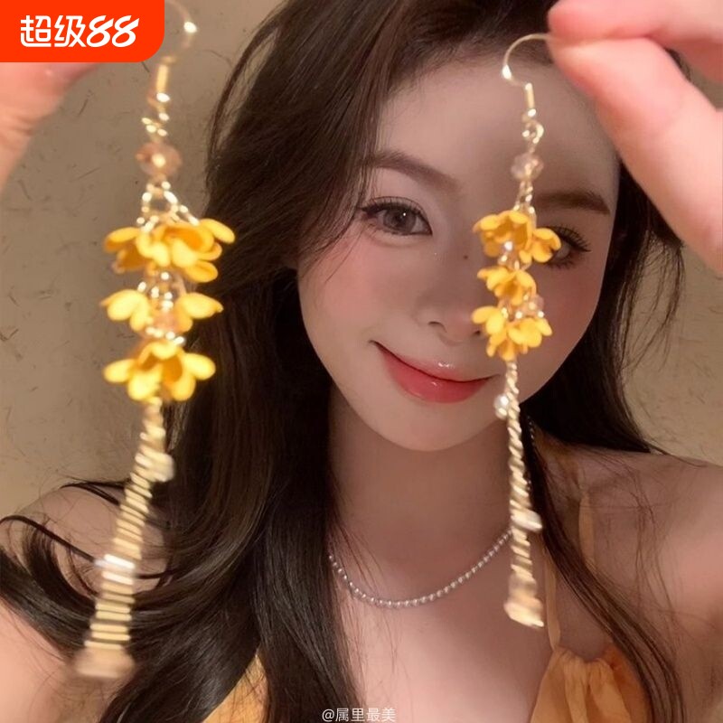 来當仙女气质黄色花朵流苏耳环女长款耳坠耳挂蚊香盘耳夹桂花图片
