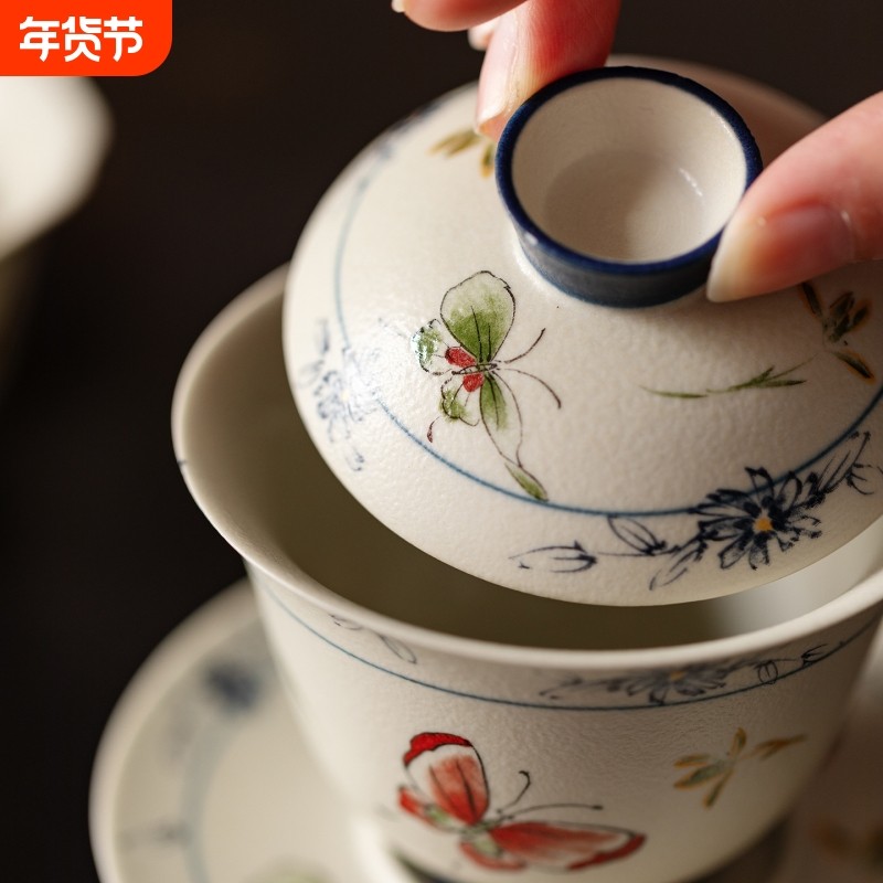 日式复古陶瓷盖碗青花火石红泡茶碗茶杯家用三才盖碗高档描金茶具,餐饮具,盖碗,淘宝优惠券,粉丝福利购,淘宝优惠卷