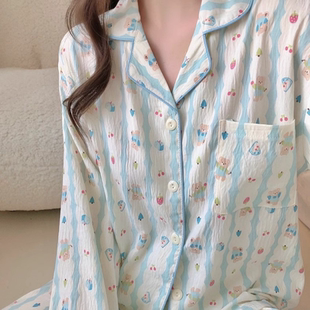 格子 云朵棉睡衣女春秋长袖 薄款 开衫 少女卡通可爱可外穿家居服套装