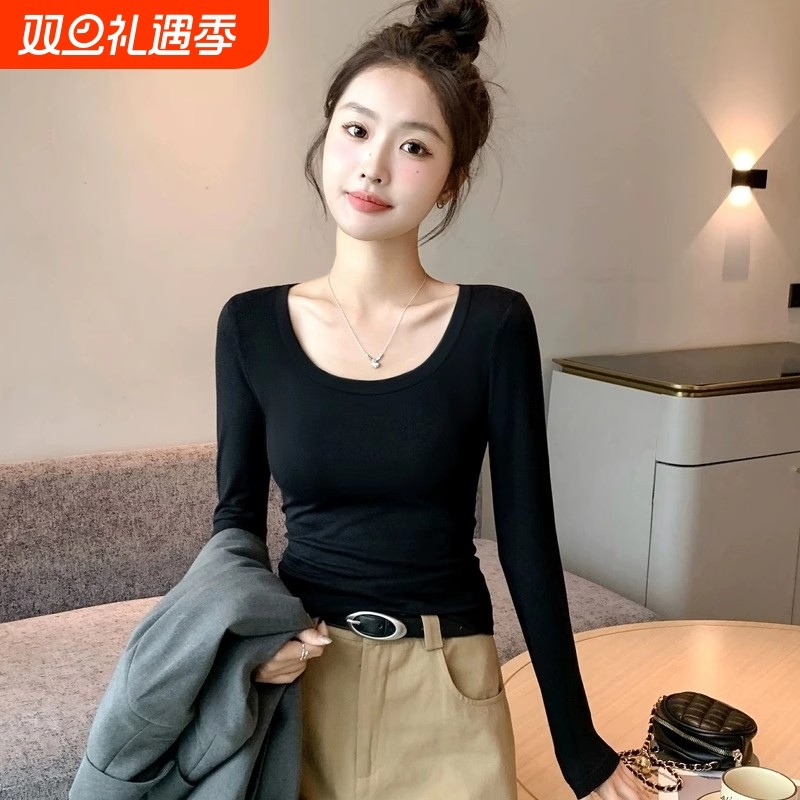 黑色纯棉打底衫女圆领正肩低领内搭2025秋冬新款洋气紧身长袖上衣