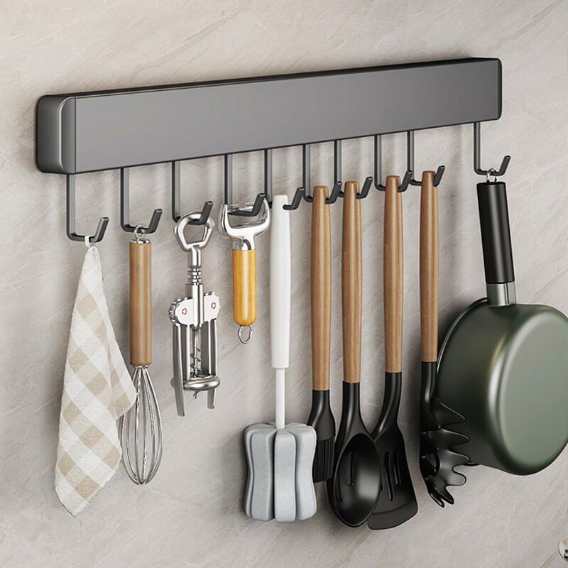 枪灰免打孔厨房挂钩架挂杆壁挂式多功能收纳神器勺子铲子厨具挂架