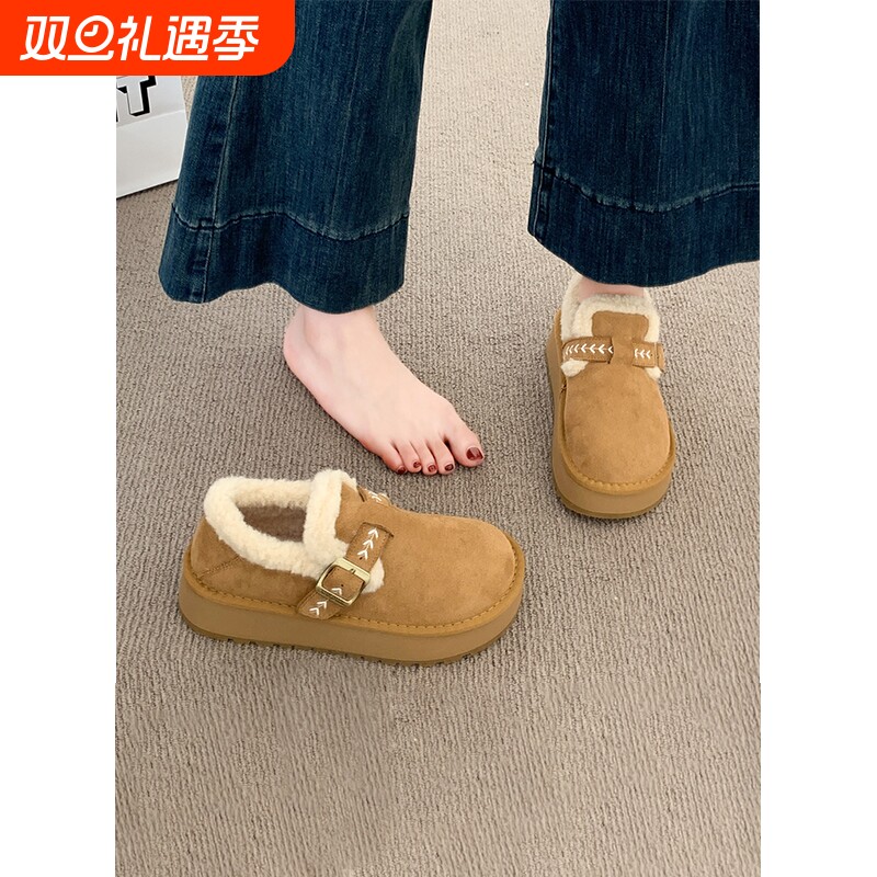 厚底加绒勃肯鞋女款2025新款冬季女鞋毛绒雪地靴豆豆鞋保暖棉鞋子