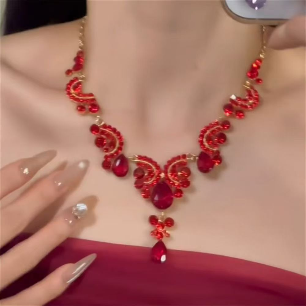 zoozmomo欧美重工红色满钻水滴锆石项链套装轻奢高级感夸张锁