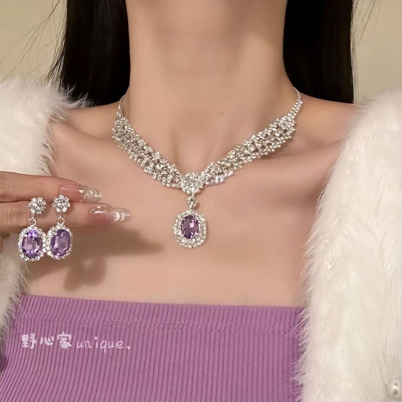 【人间梦露】满钻紫色水滴项链耳钉轻奢气质高级晚礼服锁骨链配饰