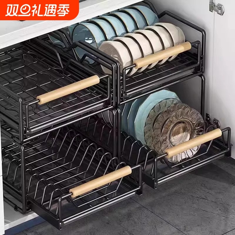 厨房碗碟收纳架橱柜内置物架抽屉式拉篮抽拉碗篮放碗盘沥水碗架子