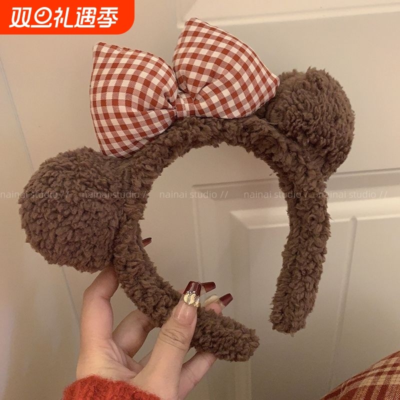 可爱蝴蝶结小熊耳朵发箍~洗脸束发带发卡红色卡通毛绒头箍发饰冬