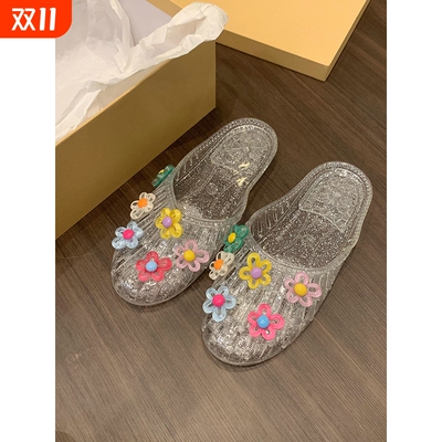 水晶鞋凉鞋女平底透明半拖外穿果冻鞋软底凉拖鞋包头女鞋镂空塑胶