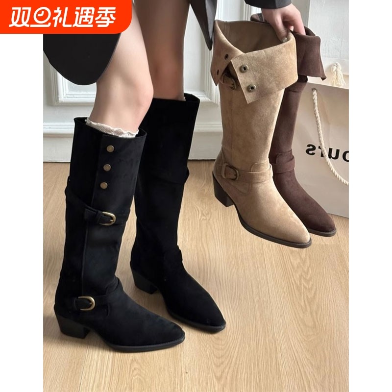 粗跟骑士靴女2025秋季增高长靴两穿靴子卡其色尖头绒面黑色毛绒