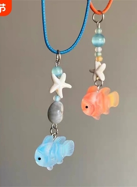 原创橘色项链一只海蓝宝猫眼石串珠颈链蓝色小鱼树脂小丑鱼情侣款