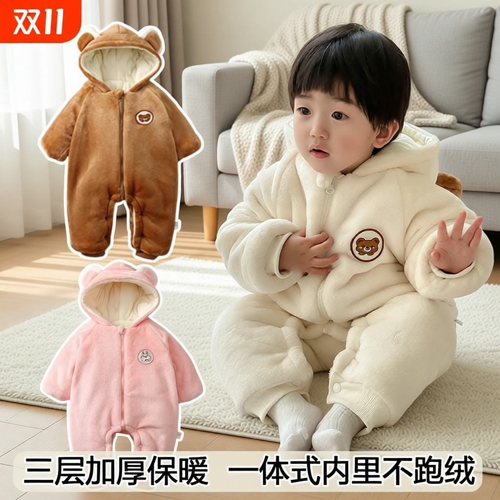 婴儿连体衣宝宝法兰绒新生儿童加厚保暖冬季爬服男女童外出抱衣服