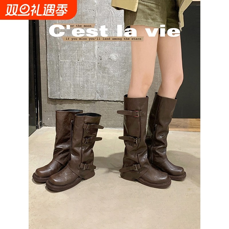 真皮版~8CM内增高长筒骑士靴女秋美拉德褶皱裤管靴棕色皮带扣长靴