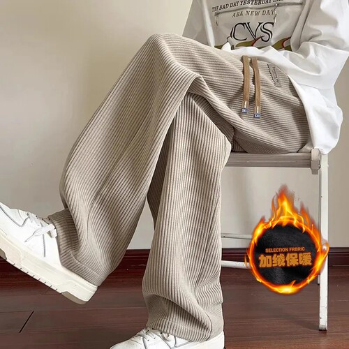美式复古灯芯绒裤子男直筒宽松阔腿裤裤秋冬季加绒加厚休闲运动裤