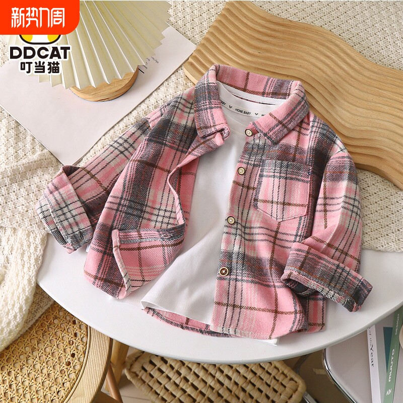 特价清仓亲子装秋冬翻领衬衫格子衬衣外套男女童开衫上衣外穿厚款