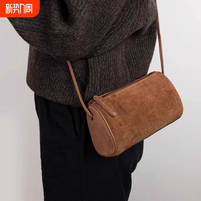 秋冬季小众手机包时尚休闲复古绒面软皮圆筒包通勤包单肩斜跨女包
