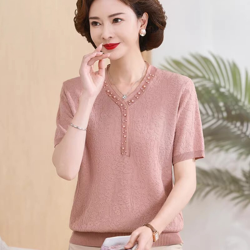 年轻妈妈夏装新款冰丝小衫短袖t恤中老年女装时尚套中老年上衣服