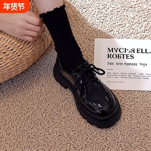 新款英伦风小皮鞋乐福鞋女2024春秋厚底百搭系带黑色jk单鞋亮面