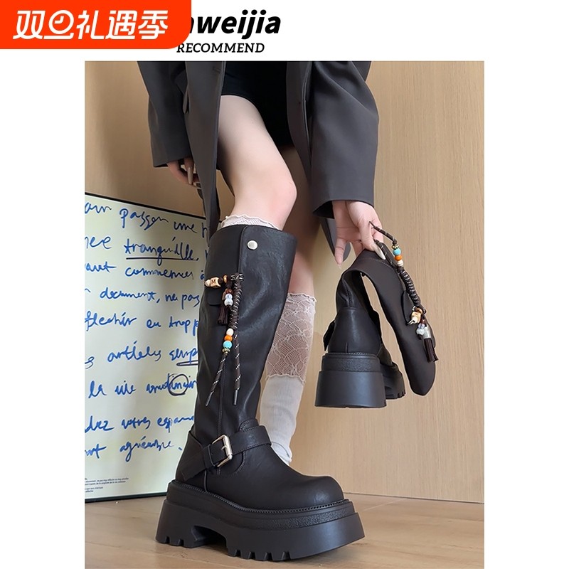 2025巨好看靴子长筒靴女粗腿黑色长靴骑士靴修饰腿型中筒小腿高跟