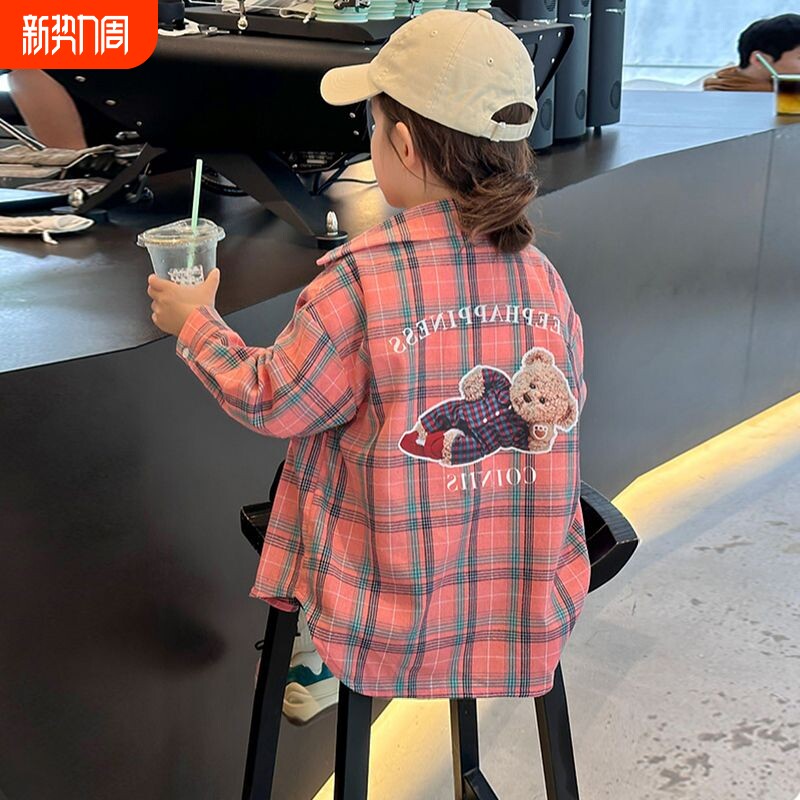 女童衬衫长袖格子薄款卡通超好看夏装2026新款防晒外套儿童装上衣