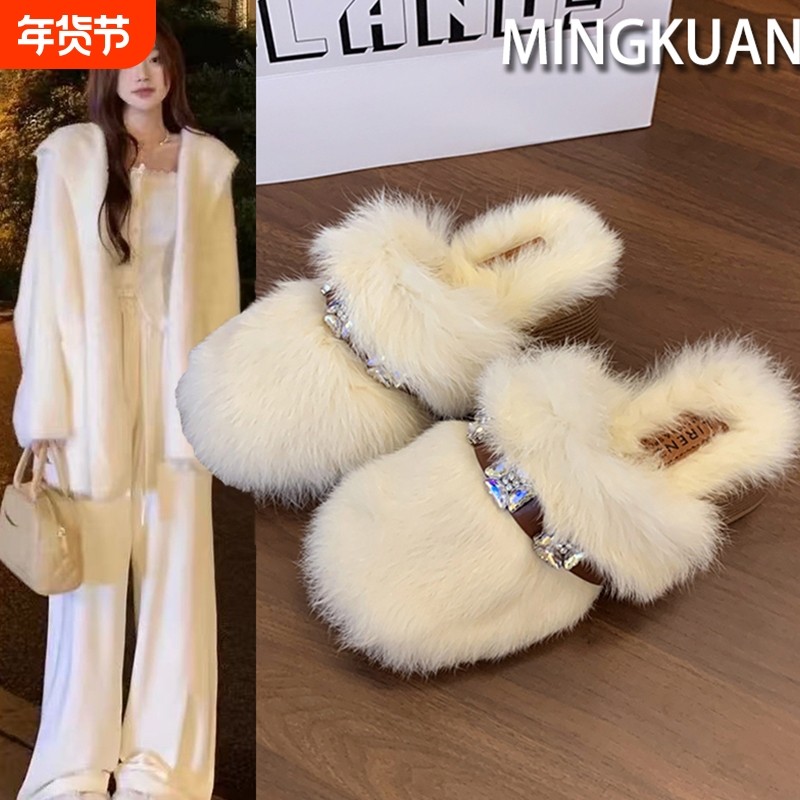 白色高跟毛毛拖鞋女外穿加绒保暖一脚蹬秋冬季2025新款勃肯棉拖鞋,女鞋,毛毛鞋,淘宝优惠券,粉丝福利购,淘宝优惠卷
