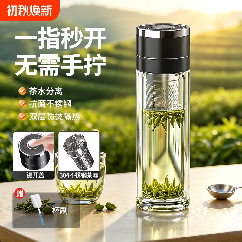双层高硼硅玻璃杯男士高档便携抗菌车载水杯隔热杯子办公室女泡茶