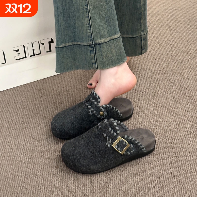 复古呢子包头半拖鞋女外穿2025秋冬新款一脚蹬厚底加绒毛毡勃肯鞋