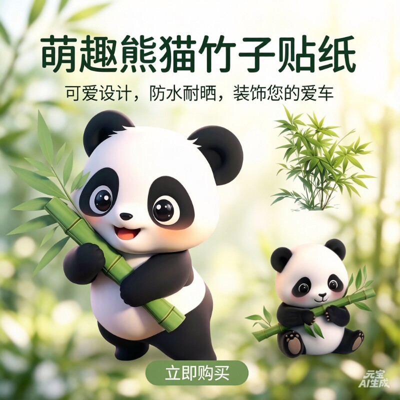 可爱抱竹子大熊猫卡通车贴车子门后电动摩托车大面积划痕遮挡贴