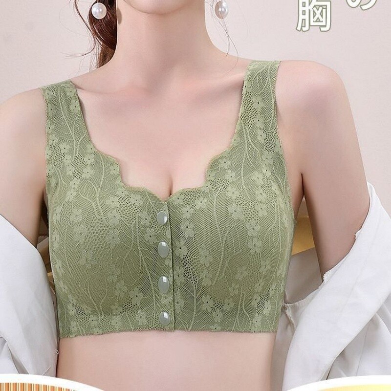 蕾丝无痕妈妈内衣女小胸聚拢无钢圈收副乳防下垂大码文胸前扣黑色
