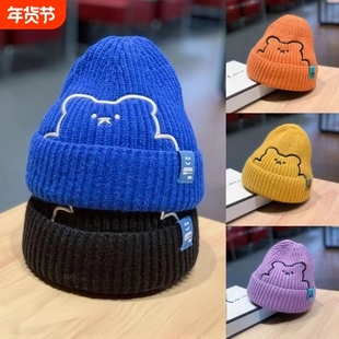 可爱小熊刺绣毛线帽子秋冬季儿童针织帽保暖护耳亲子帽男女包头帽