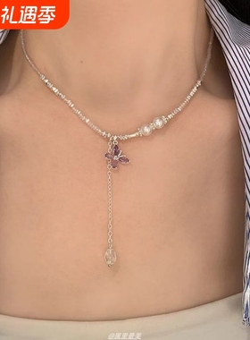 轻奢清新锆石蝴蝶珍珠碎银项链紫色高级感长款碎银子串珠锁骨链