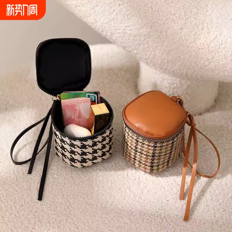 千鸟格软皮手拿包迷你复古拉链零钱包水桶口红包化妆包手拎钥匙包