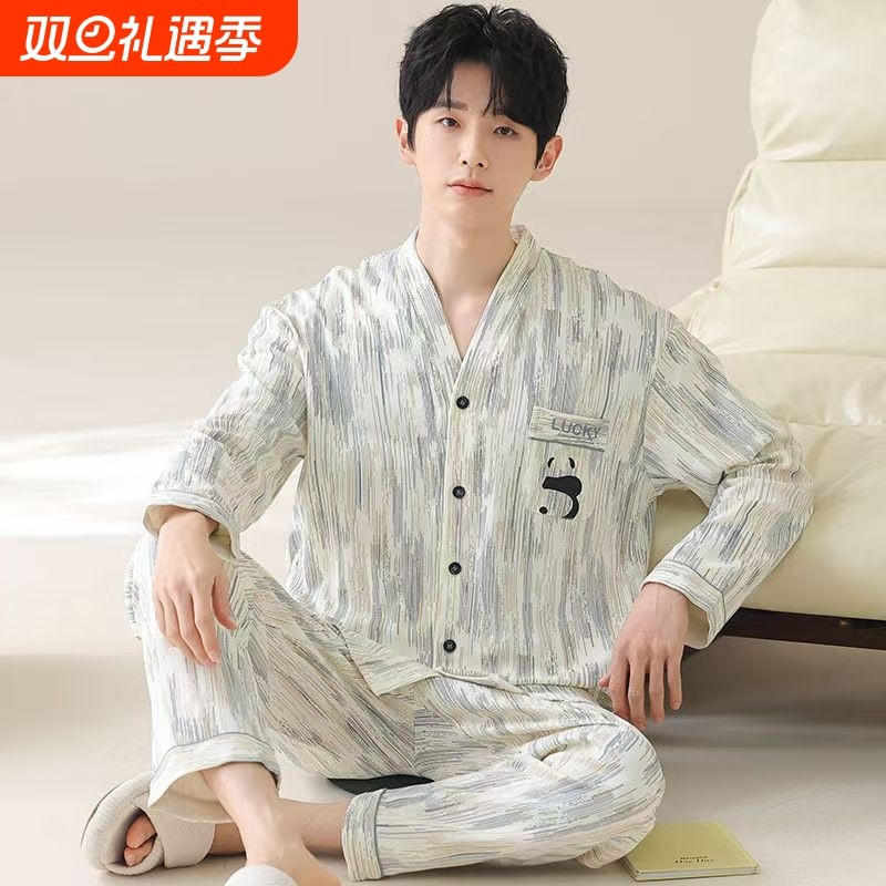 青少年长袖睡衣纯棉可外穿春秋款2025新款男生男款大码男士家居服