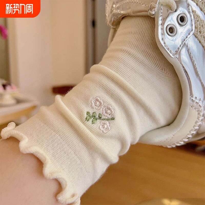 木耳边秋季袜子女中筒袜ins潮纯棉提花软糯无骨日系复古白色长袜