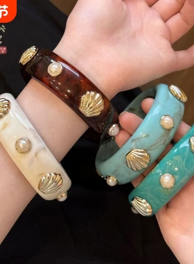 中古vintage海边度假风贝壳手镯女小众设计感手环学生党手饰琥珀