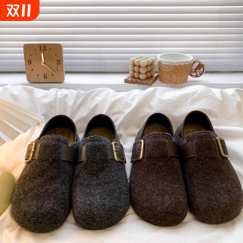 软底灰色勃肯鞋女2025秋冬新款厚底棉鞋两穿加绒包头半拖鞋内增高