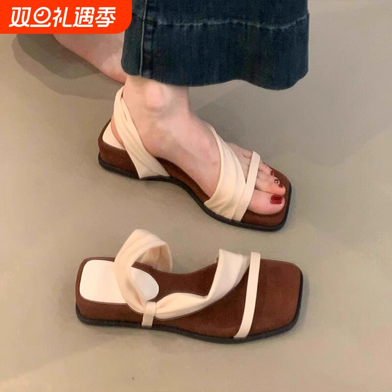 美拉德~两穿厚底舒适真皮凉鞋女复古软底配裙子一字带凉拖绑带