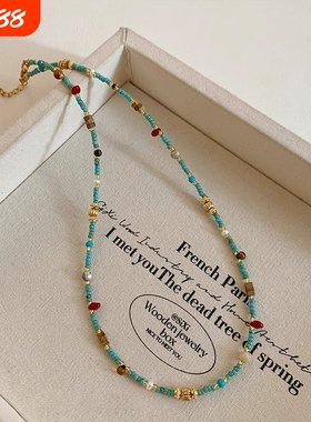 天然石绿色松石串珠项链女