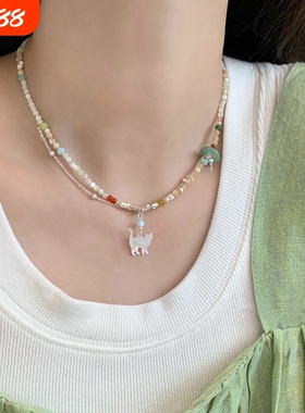 多巴胺双层彩色串珠猫咪项链夏季甜美小清新锁骨链女网红百搭颈链