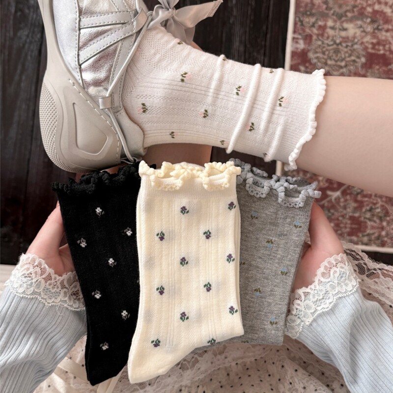 甜美风木耳花边碎花纯棉中筒袜女春夏季堆堆袜日系无骨少女感袜子