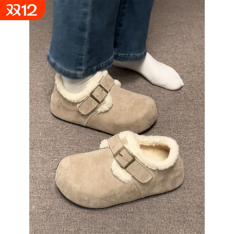 南在南方加绒厚底雪地棉鞋女冬2025新款保暖防滑勃肯鞋子毛绒白色