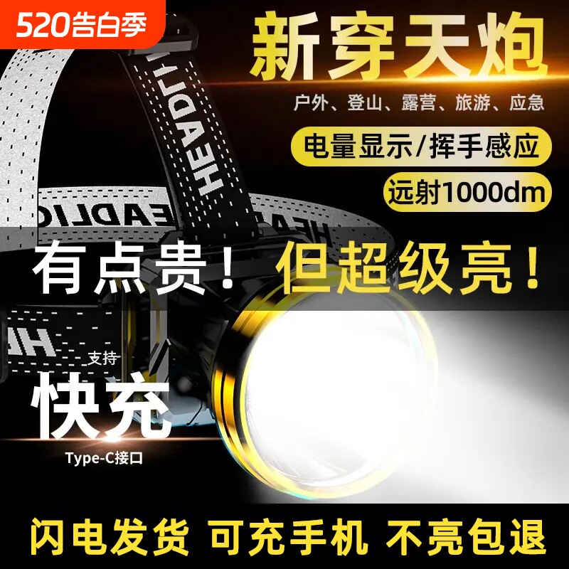 公牛适用LED强光头灯户外头戴式感应照明矿灯超长续航钓鱼手电筒
