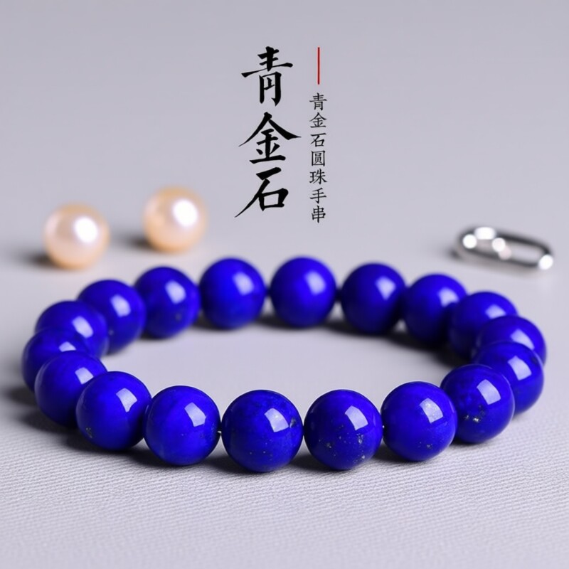 天然阿富汗青金石真品老矿料蓝色圆珠手链少白少金男女款手串礼物