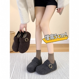 厚底增高灰色加绒呢子勃肯鞋女2025冬季新款豆豆鞋博肯棉鞋毛绒