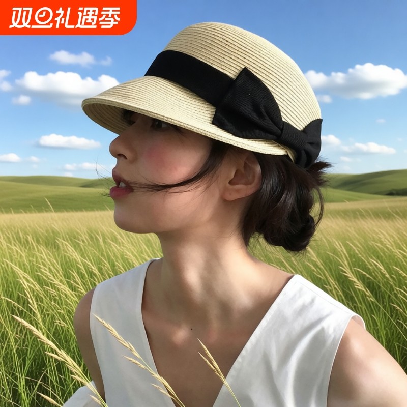夏季圆顶马术鸭舌帽女蝴蝶结户外显脸小减龄草帽防晒遮阳草编帽子