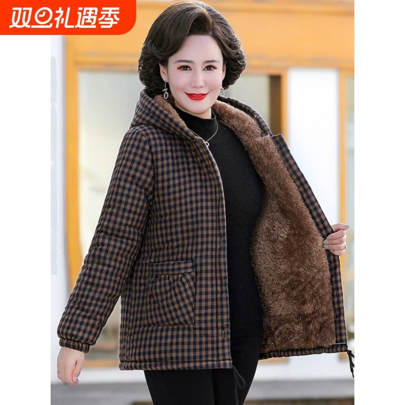 冬装加绒加厚格子棉袄女士夹棉棉衣中老年妈妈装保暖棉服中长款