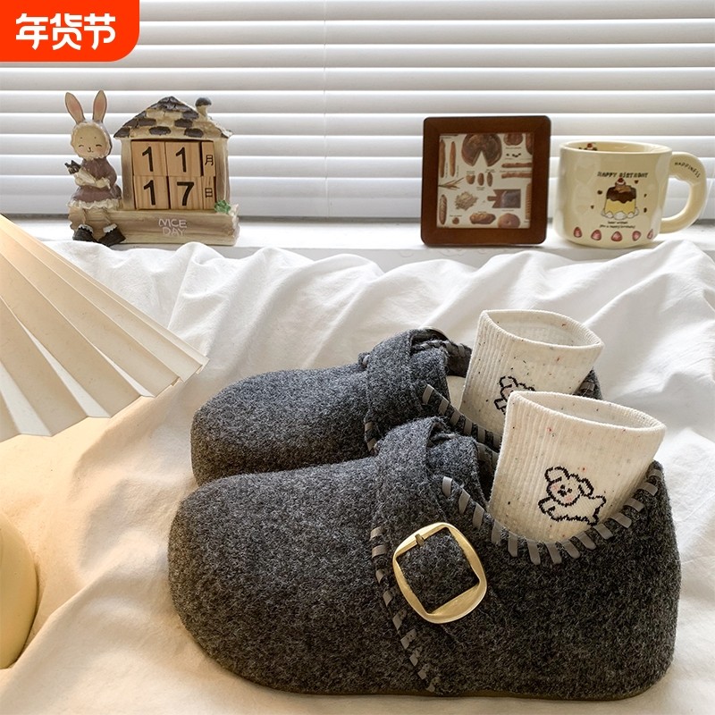 全包灰色毛毡勃肯鞋女2025秋冬新款一脚蹬懒人鞋内增高加绒雪地靴,女鞋,勃肯鞋/软木鞋,淘宝优惠券,粉丝福利购,淘宝优惠卷