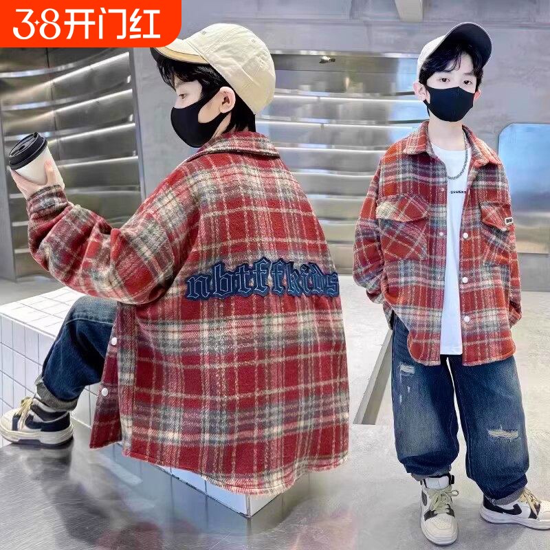 儿童装男童加绒外套2026新款加厚衬衫秋冬款中大童衬衣冬季男孩潮