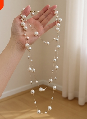 法式高级感奶白色仿珍珠项链秋冬新款多圈轻奢叠戴长款设计毛衣链