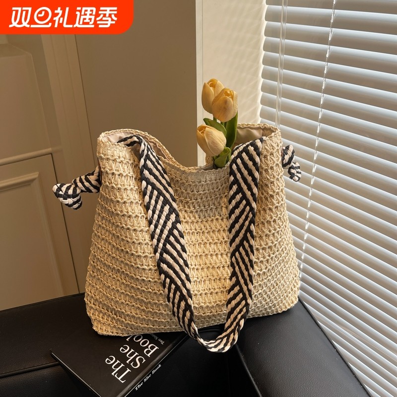 慵懒风大容量民族风包包女夏海边度假编织包草编宽肩带通勤托特包